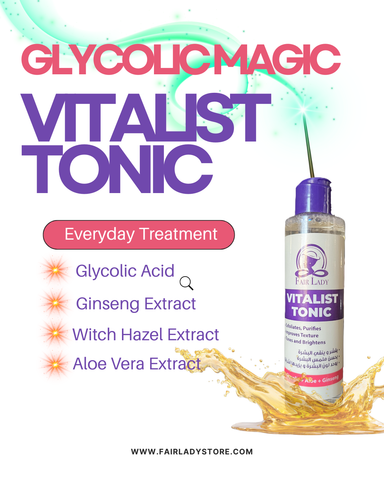 Advertisement for Glycolic Magic Vitalist Tonic with product image and text on a white background ginseng witch hazel and aloe vera