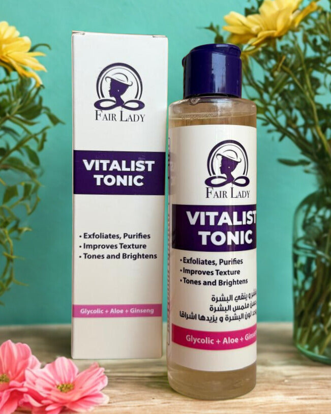 Vitalist Tonic bottle and packaging with flowers in the background
